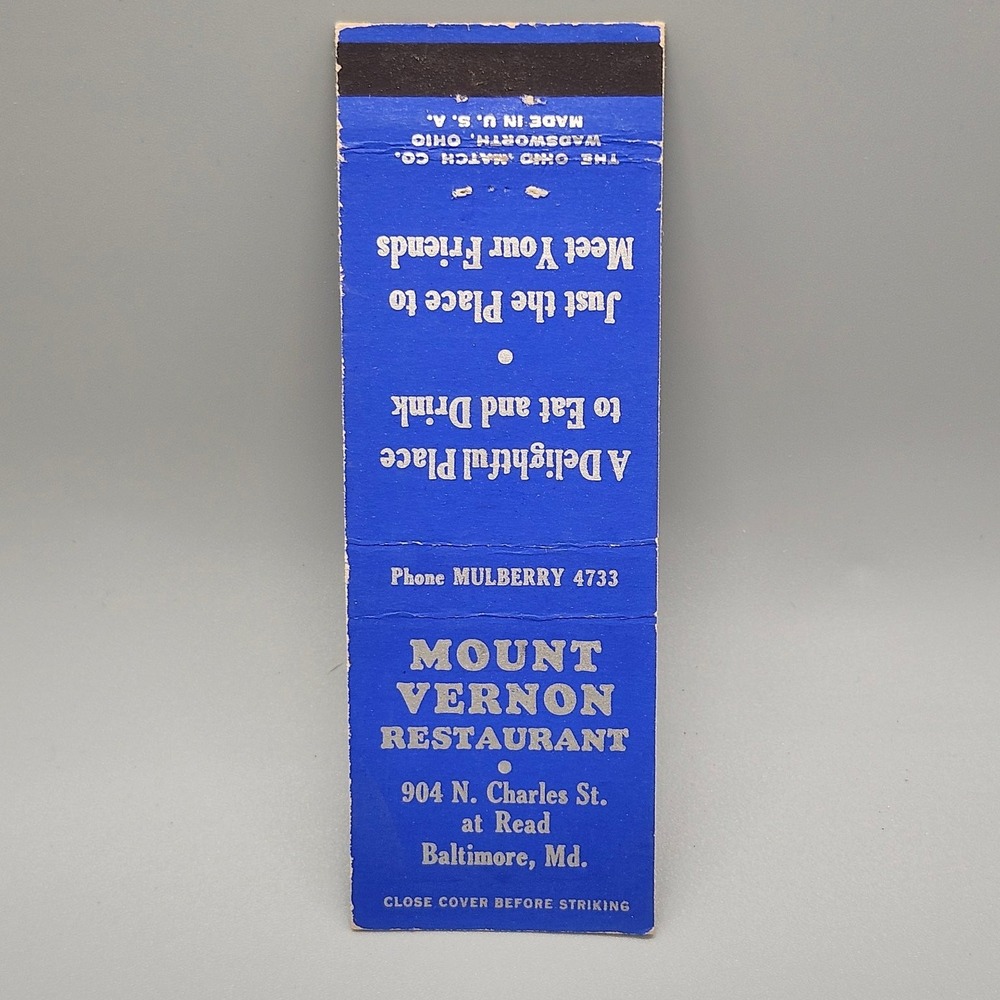 Vintage MOUNT VERNON RESTAURANT Matchbook Baltimore MD Ohio Match Co.